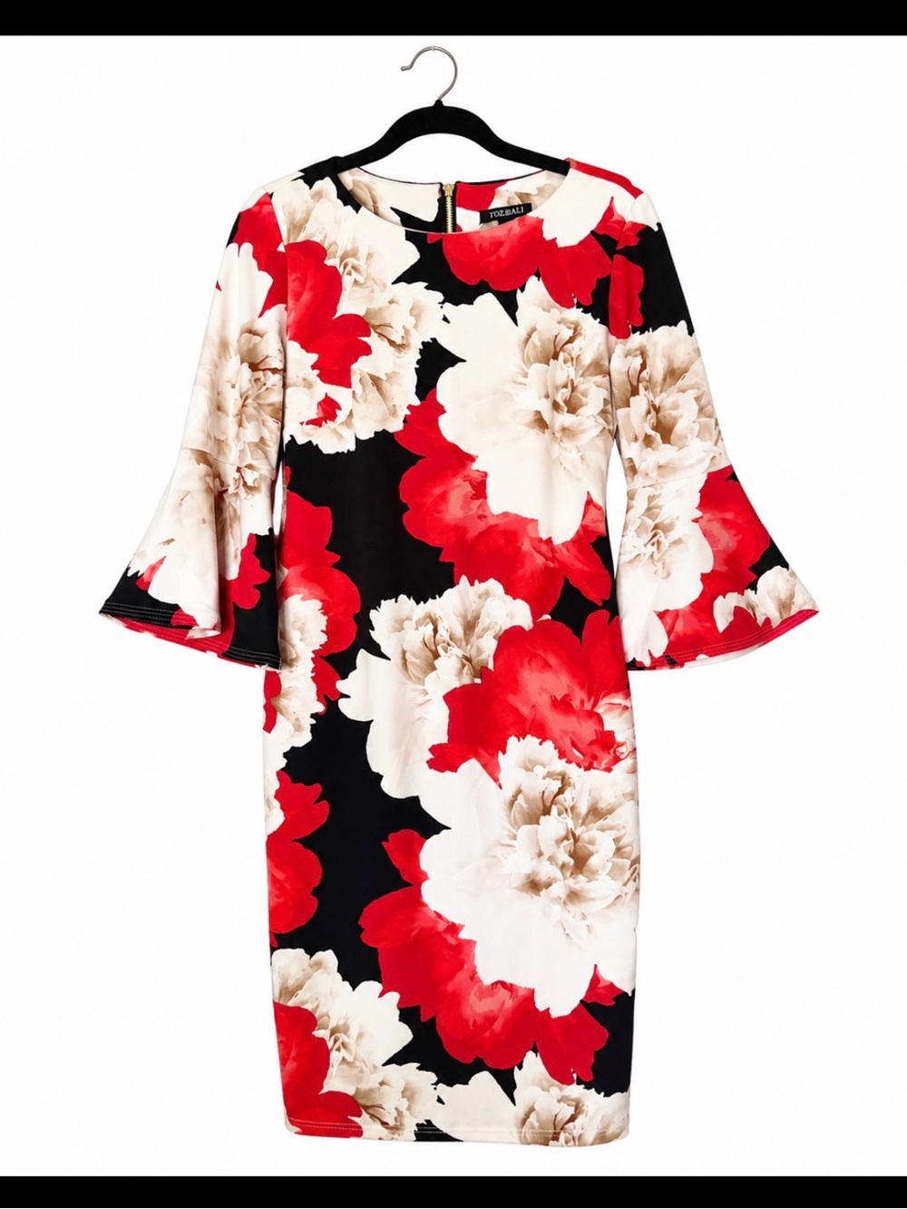 Roz & Ali Red, Black & Cream Floral Midi Dress with Bell Sleeves
